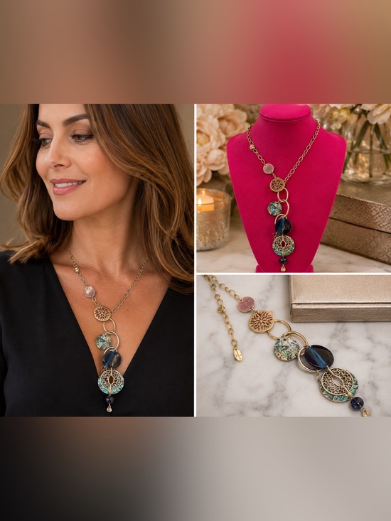Lia Sophia Jewelry - Lia Sophia Abalone Shell Statement Necklace | Blue Stone Pendant | Adjustable